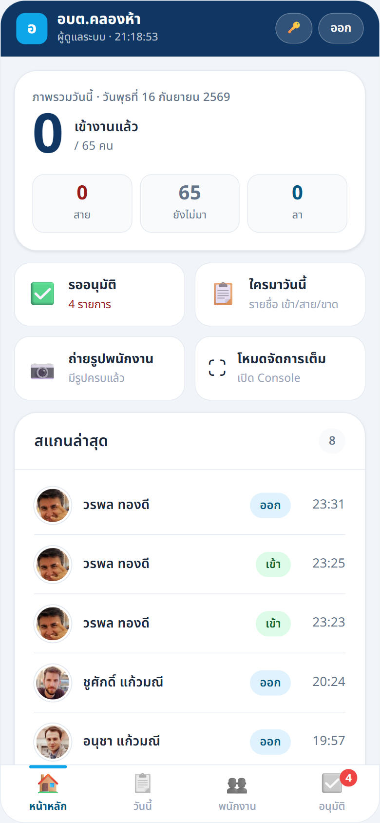 หน้าหลักของผู้ดูแลบนมือถือ (4 แท็บล่าง)